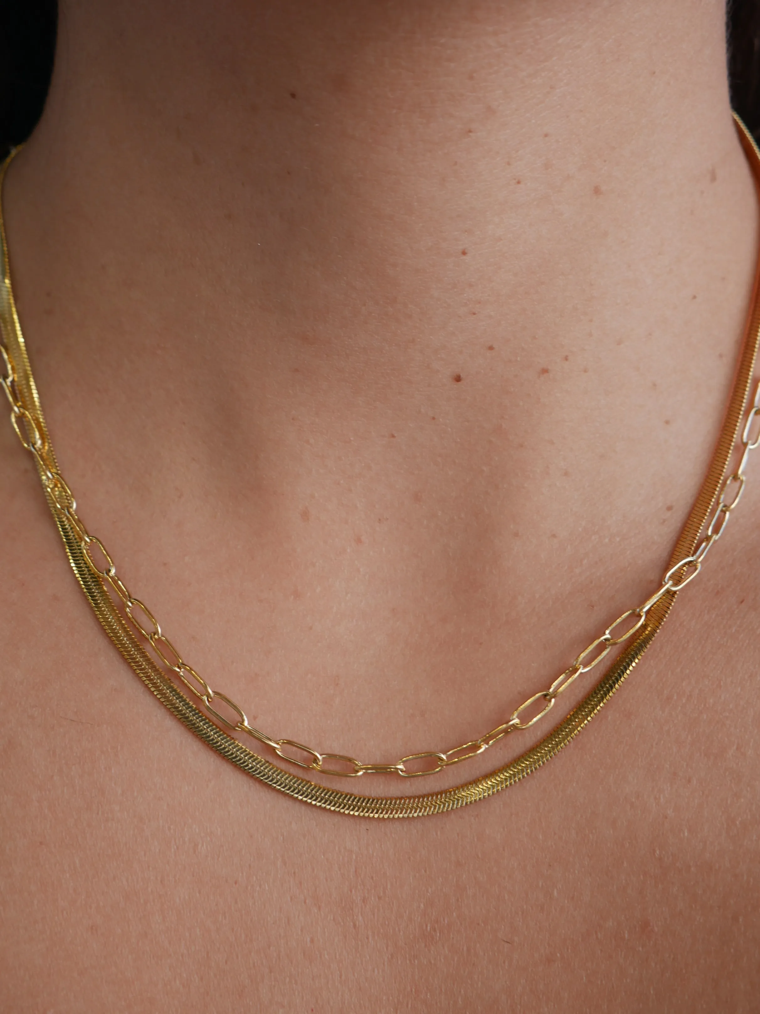 Paperclip Herringbone Layered Necklace 18k Gold Plated Stainless Steel Double Necklaces