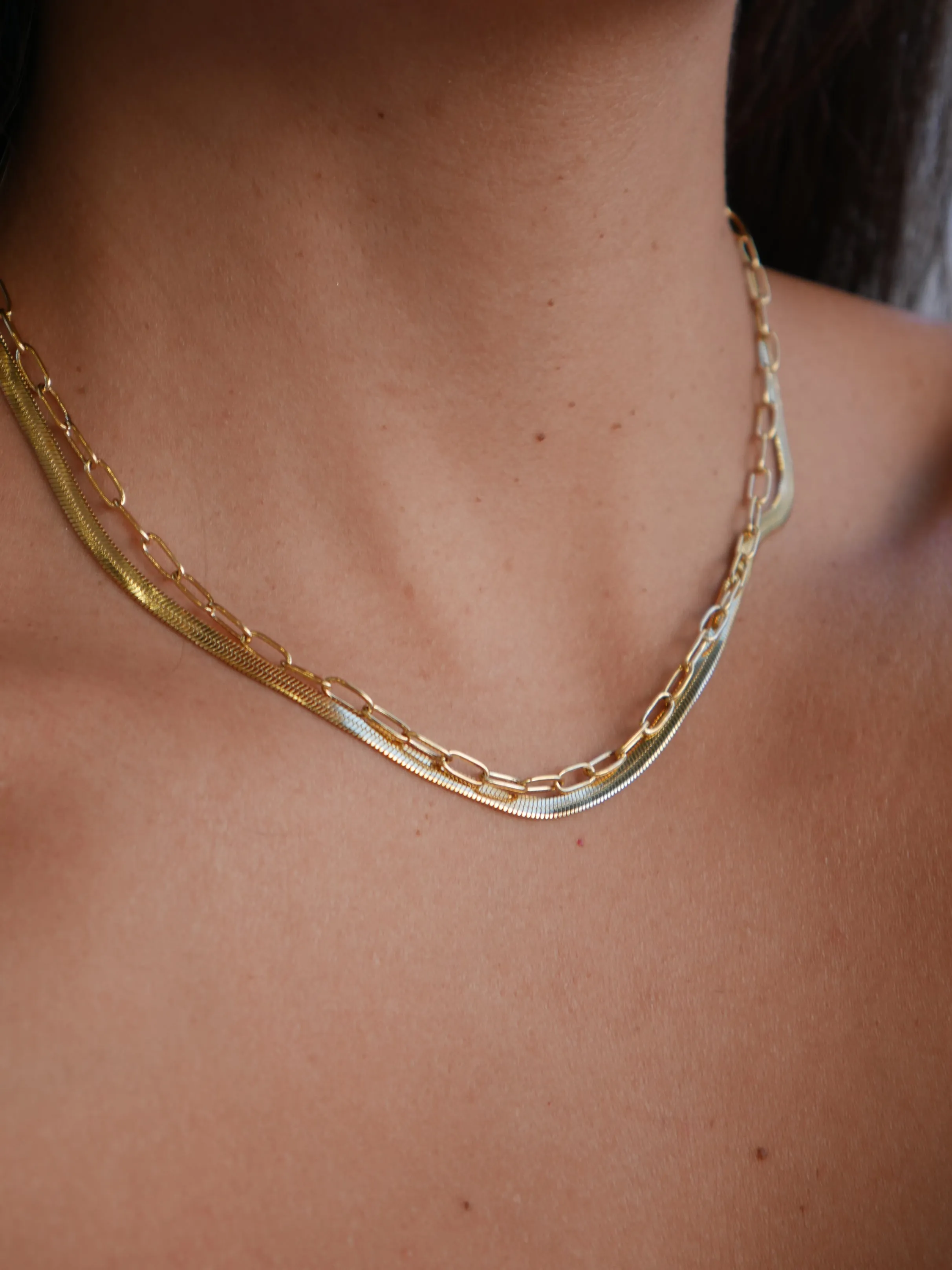 Paperclip Herringbone Layered Necklace 18k Gold Plated Stainless Steel Double Necklaces