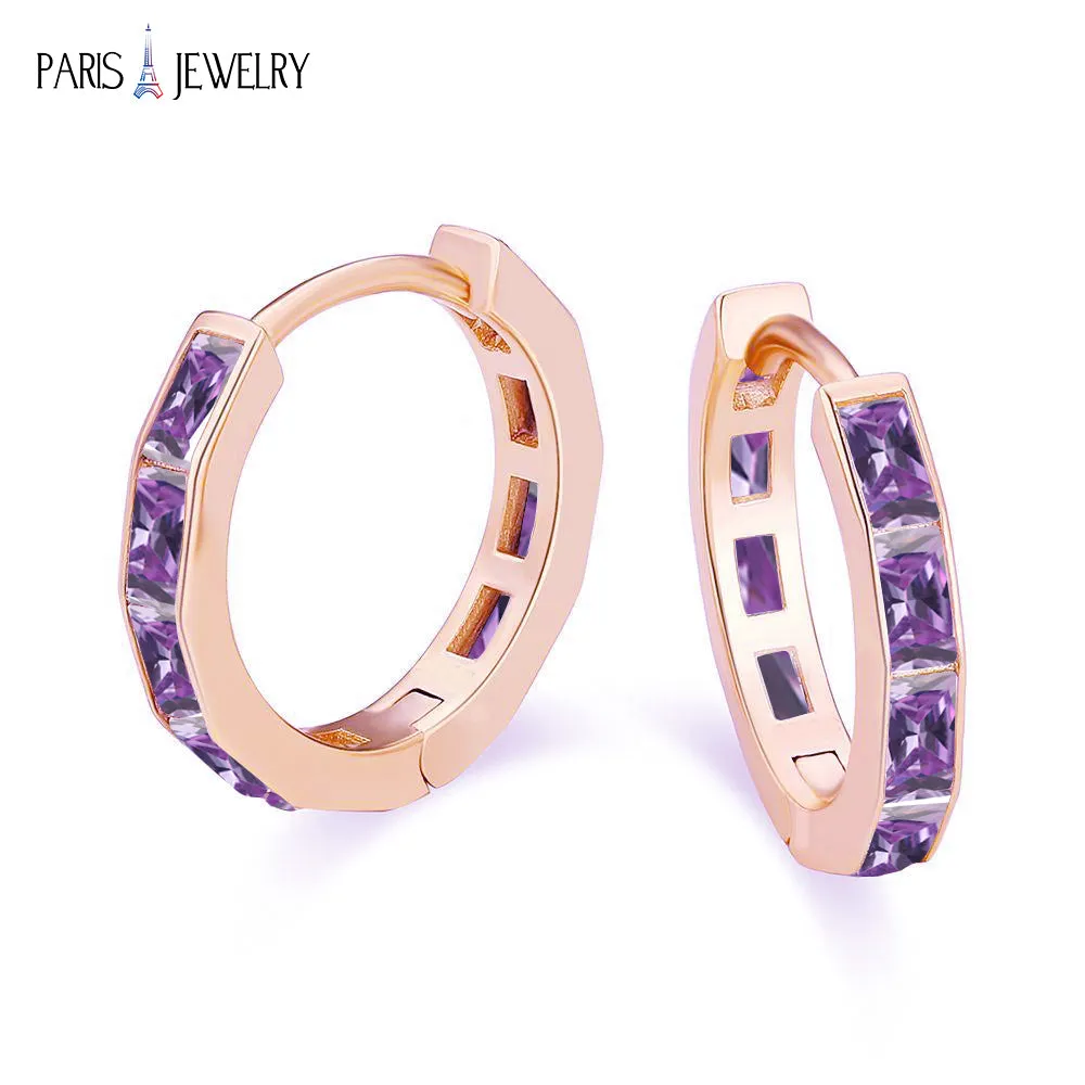 Paris Jewelry 18K Rose Gold Created Amethyst 3Ct Emerald Cut Huggie Hoop Earrings Plated