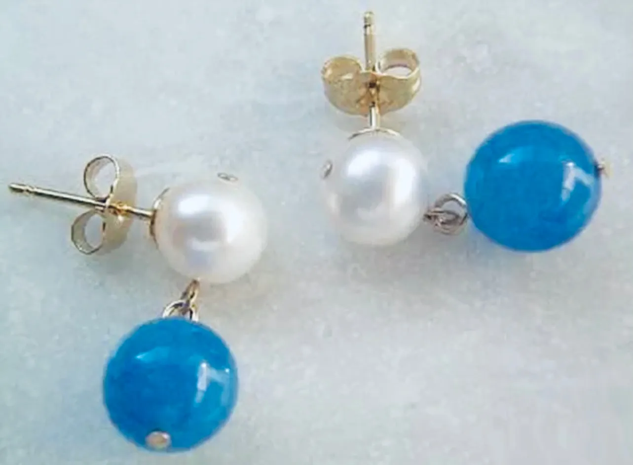 Pearl & Blue Jade Stud Dangle Earrings