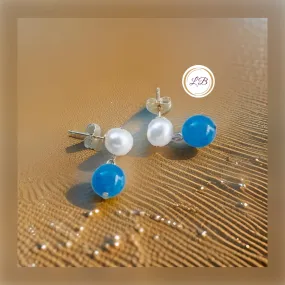 Pearl & Blue Jade Stud Dangle Earrings