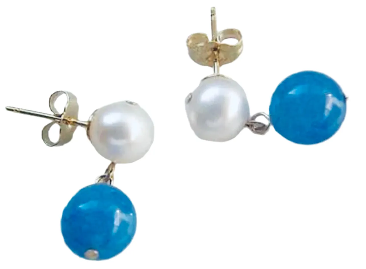 Pearl & Blue Jade Stud Dangle Earrings