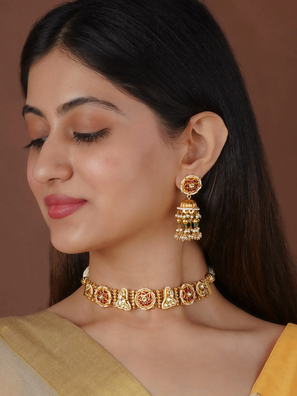 Pink Color Gold Plated Jadau Kundan Necklace Set - MS2345YP