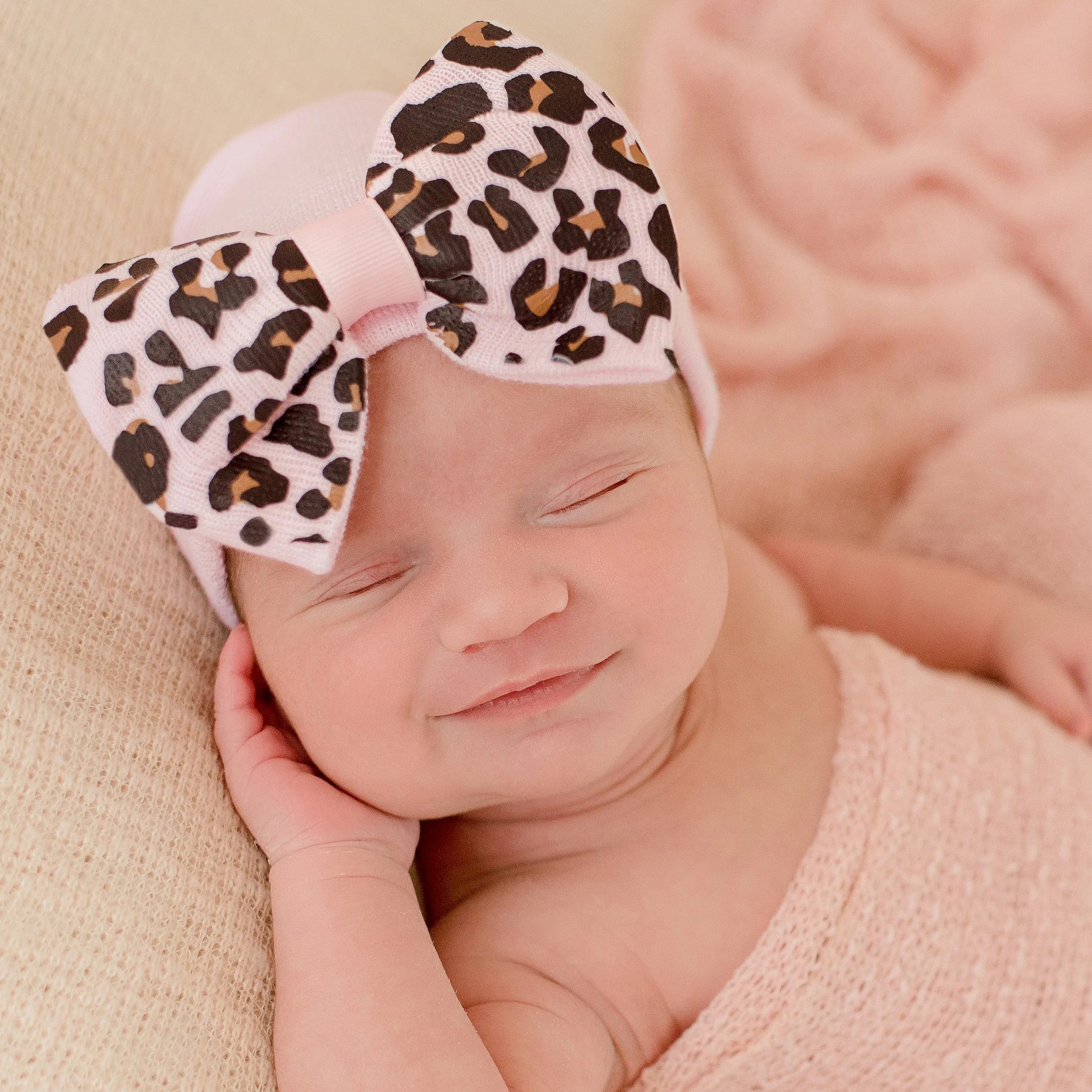 Pink Lucy Leopard Bow Baby Newborn Girl Hospital Hat - Pink Hat with Leopard Bow