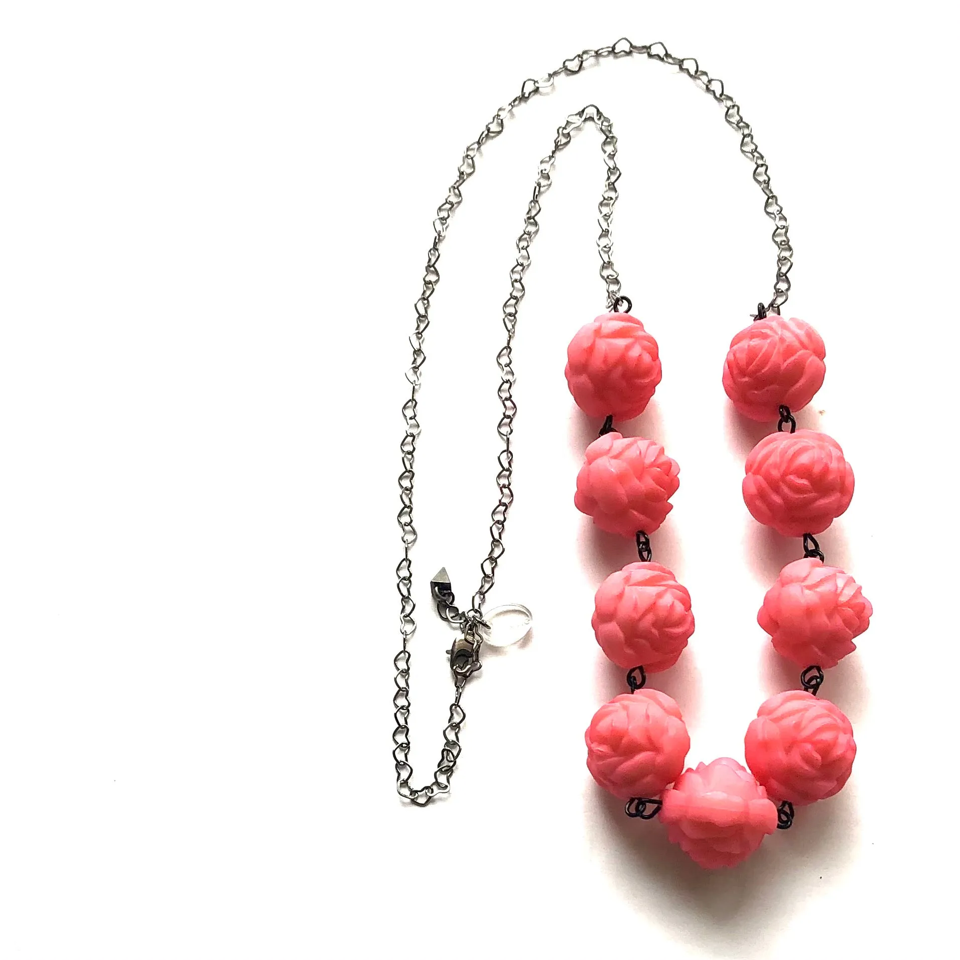 Pink Roses & Hearts Chain Rope Necklace