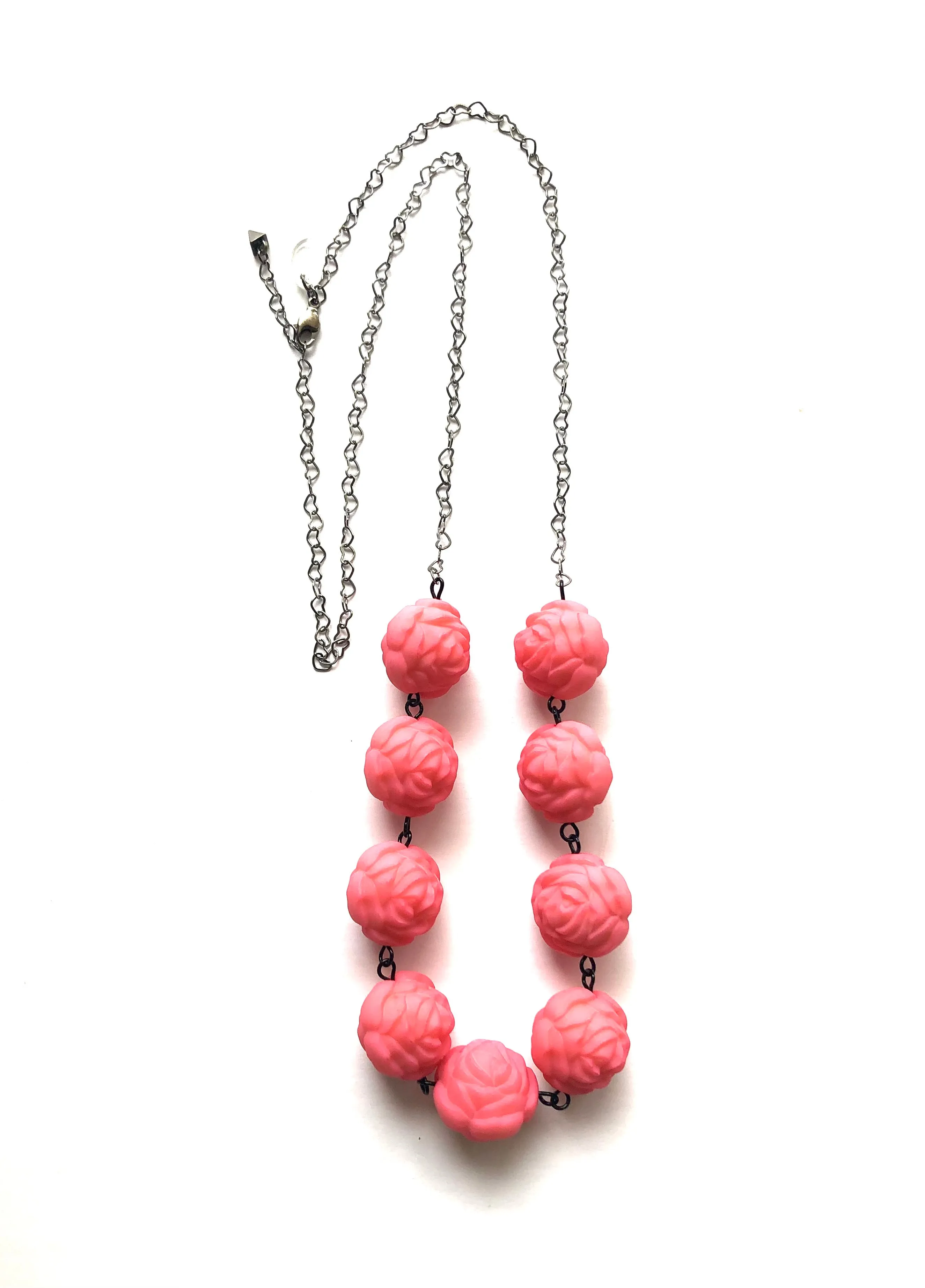 Pink Roses & Hearts Chain Rope Necklace