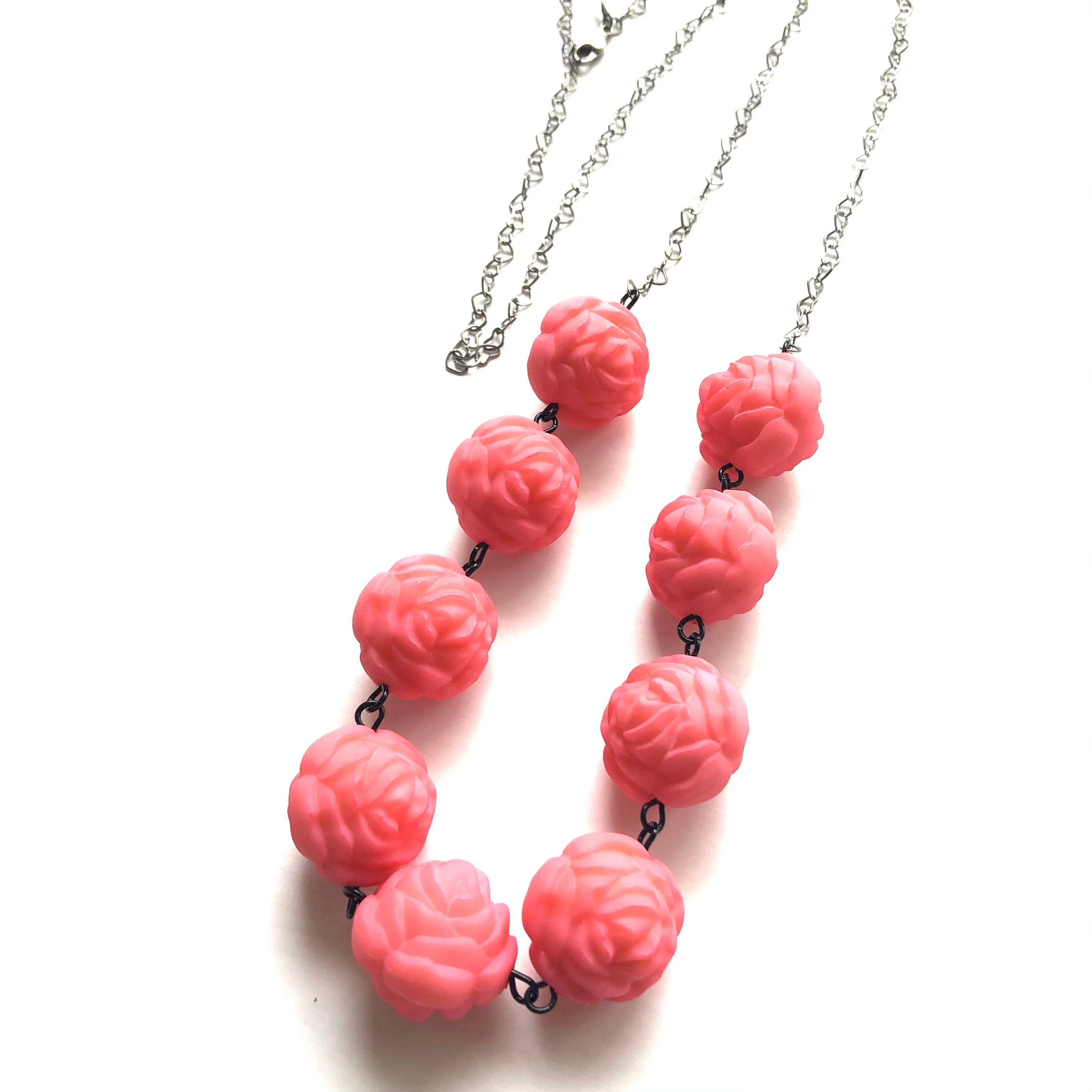 Pink Roses & Hearts Chain Rope Necklace