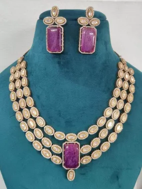 Purple Triple Line Kundan Necklace Set