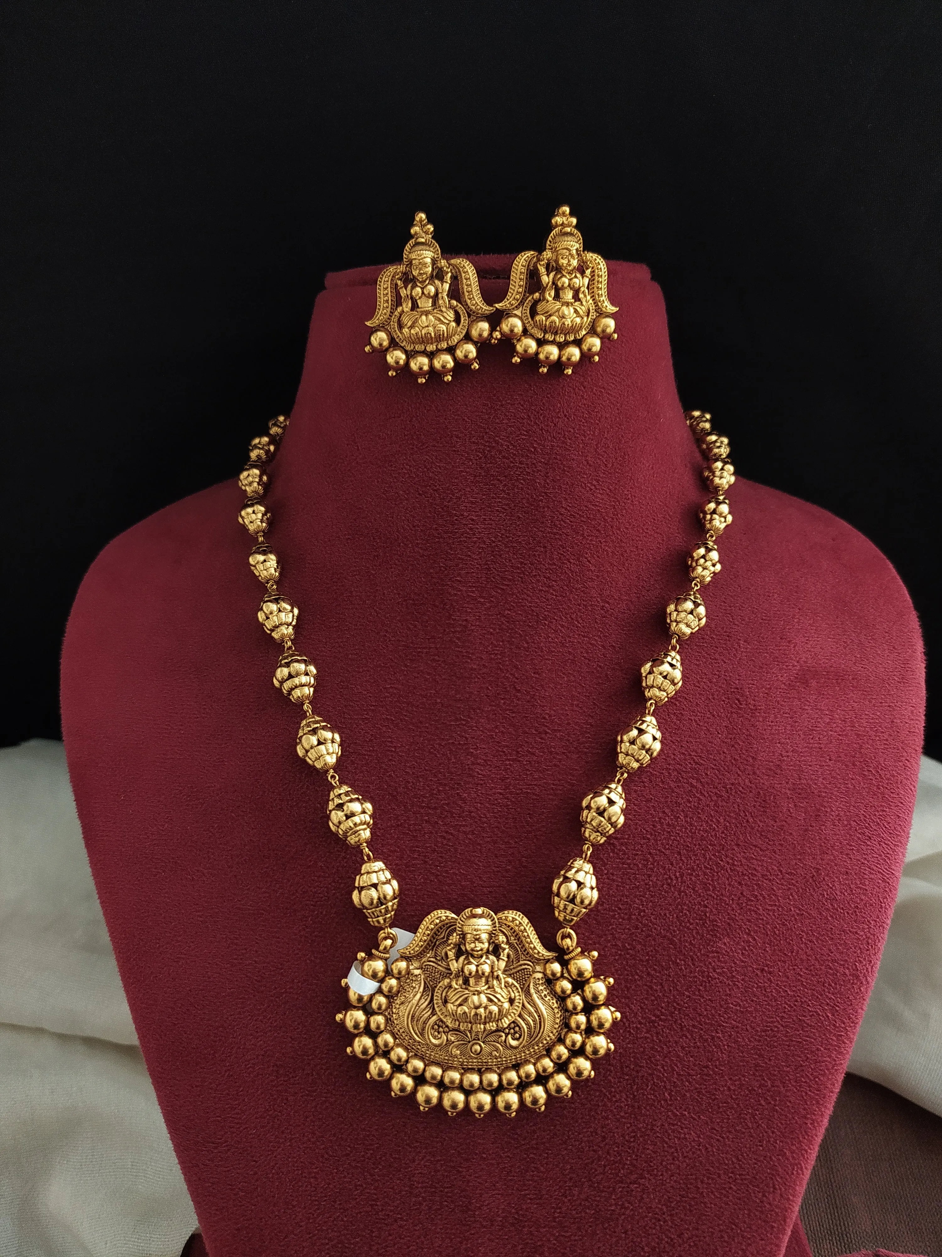 "Antique Lakshmi Mala Set with Matching Studs - Real Gold Replica Design"