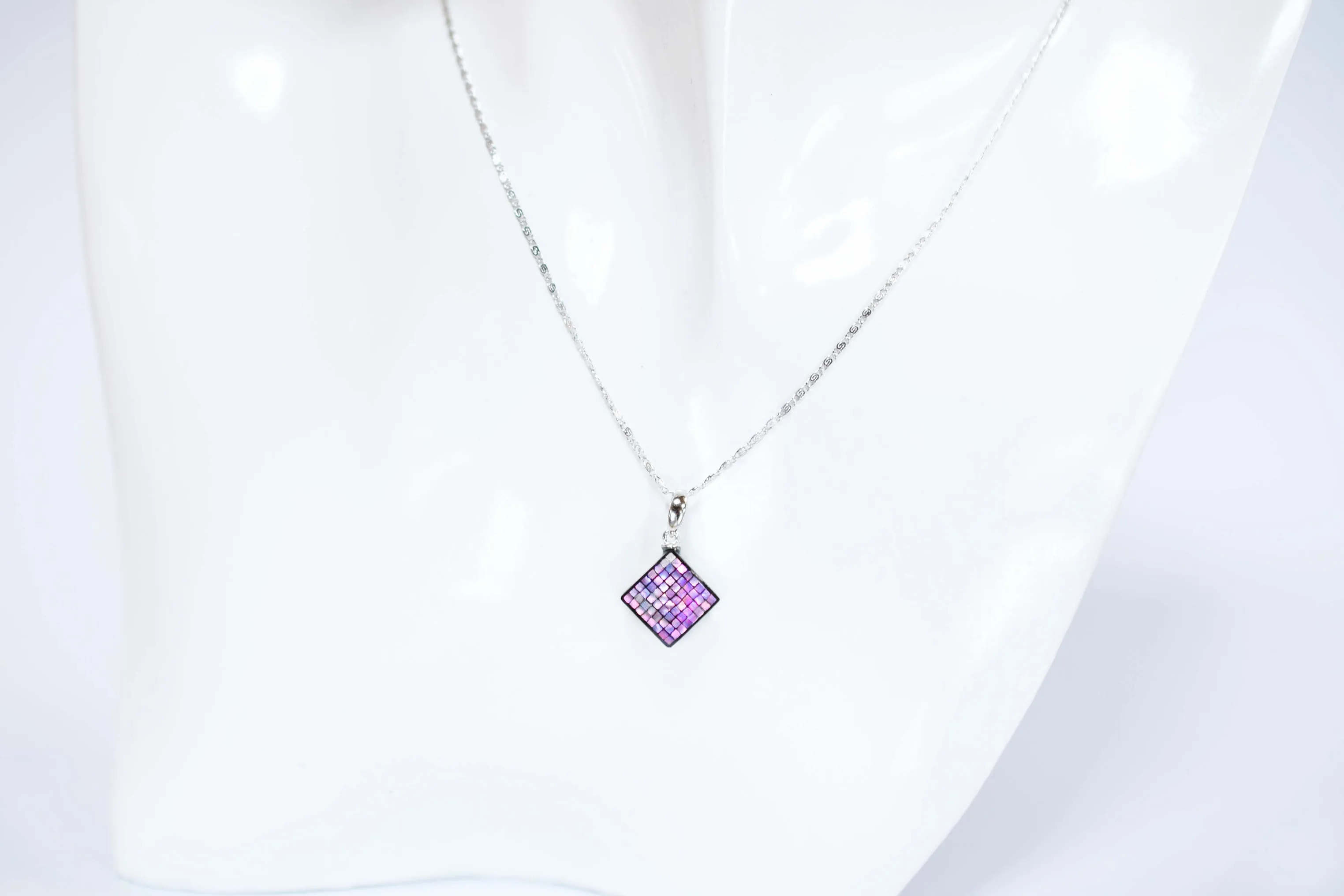 Raden Pendant Necklace - Square / Pink Color / Small Size-, Japanese Lacquer Jewelry, Kyoto Jewelry