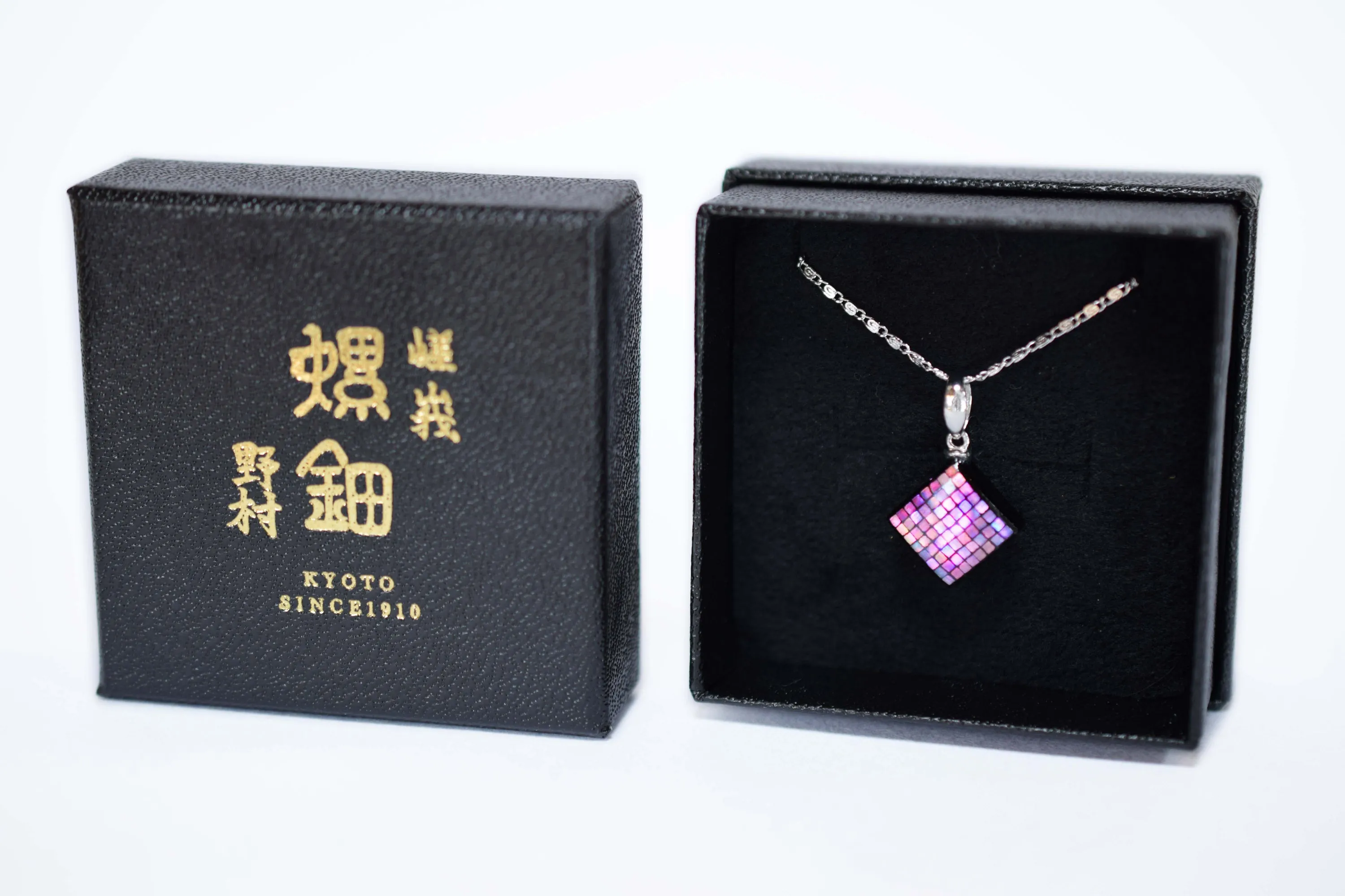 Raden Pendant Necklace - Square / Pink Color / Small Size-, Japanese Lacquer Jewelry, Kyoto Jewelry