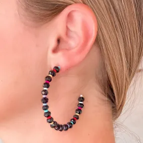 Rainbow Beaded Open Hoop Earrings - Black