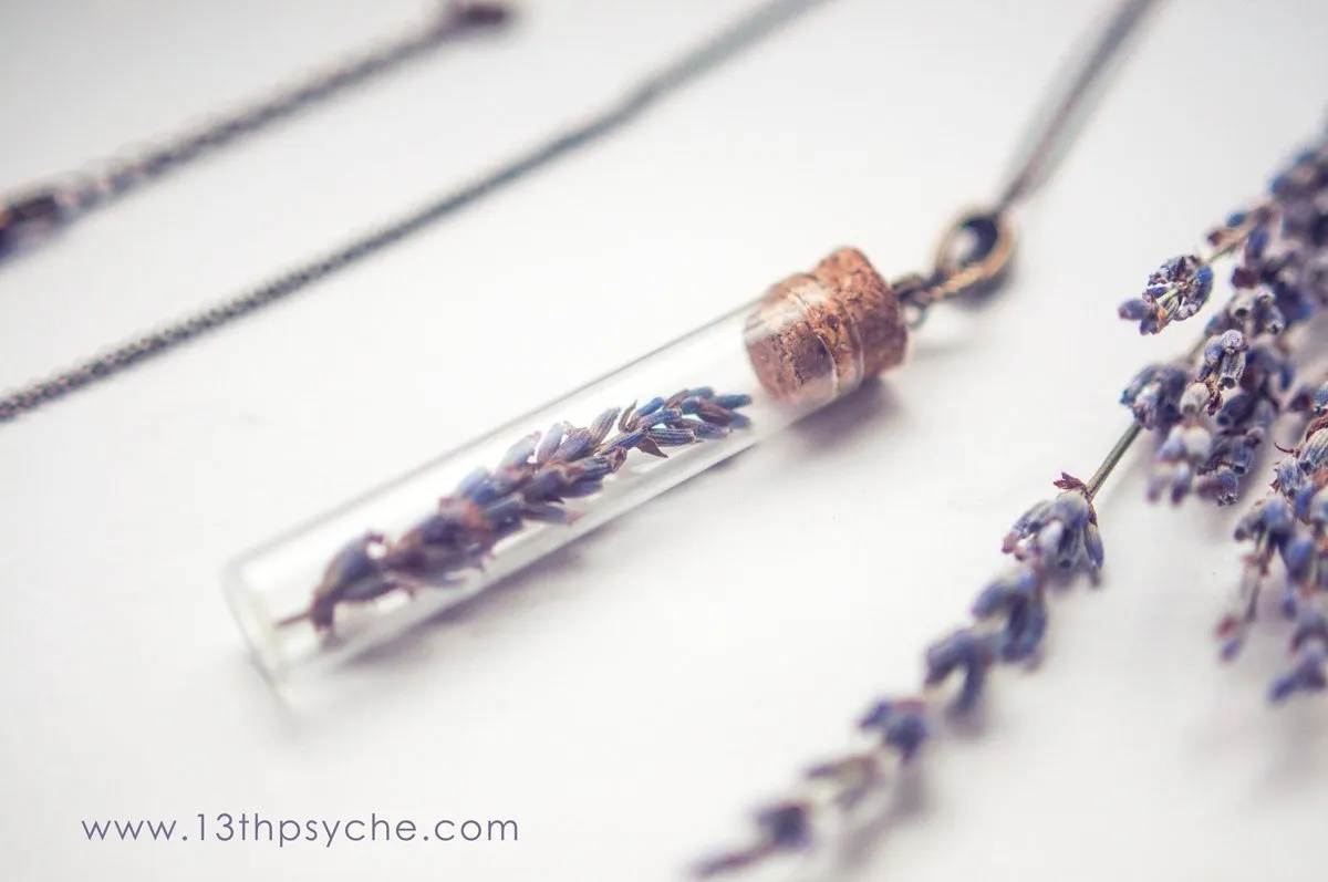 Real dried lavender vial pendant necklace