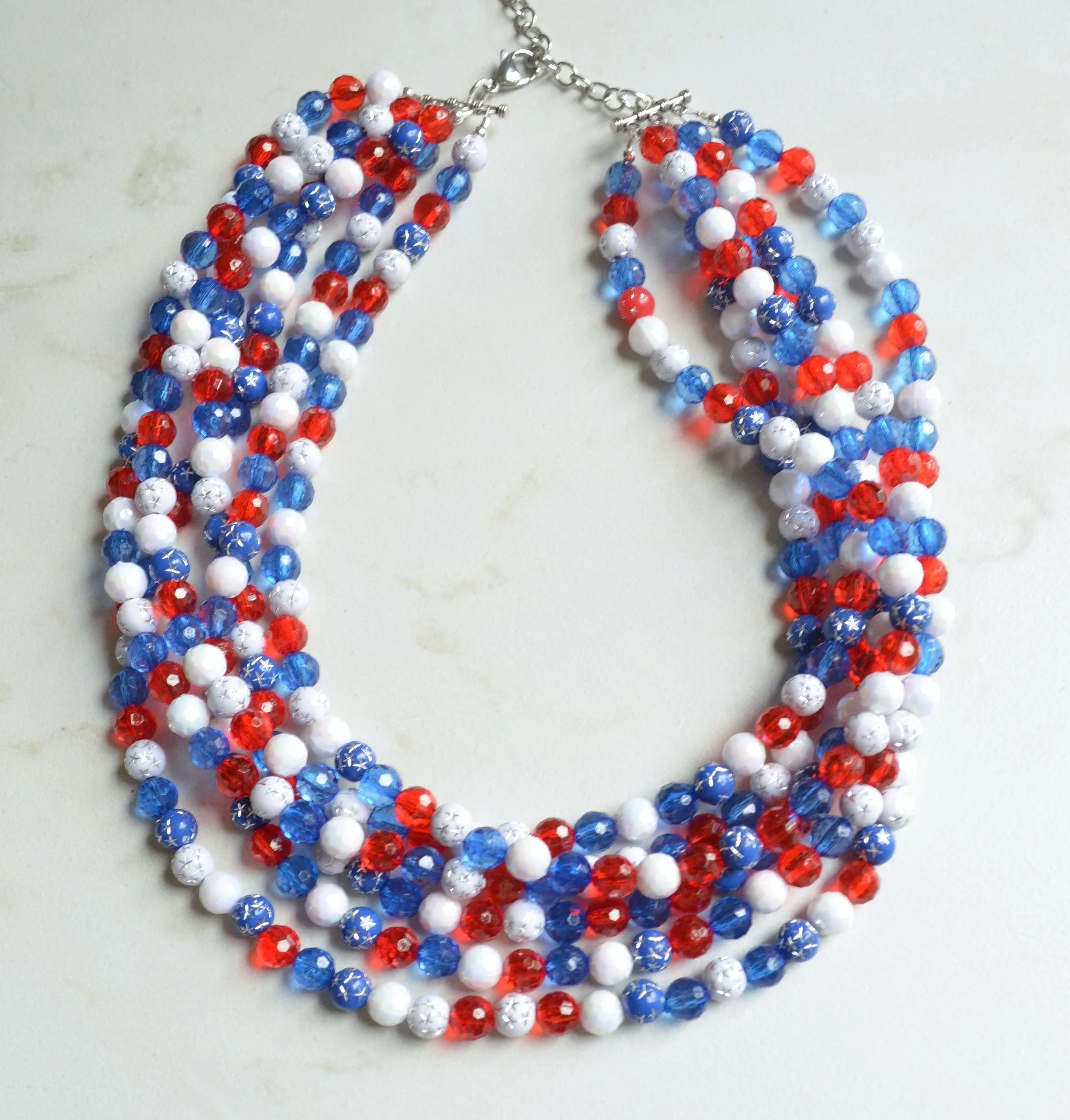 Red White Blue Fourth of July Independence Memorial Day Acrylic Beaded Statement Necklace