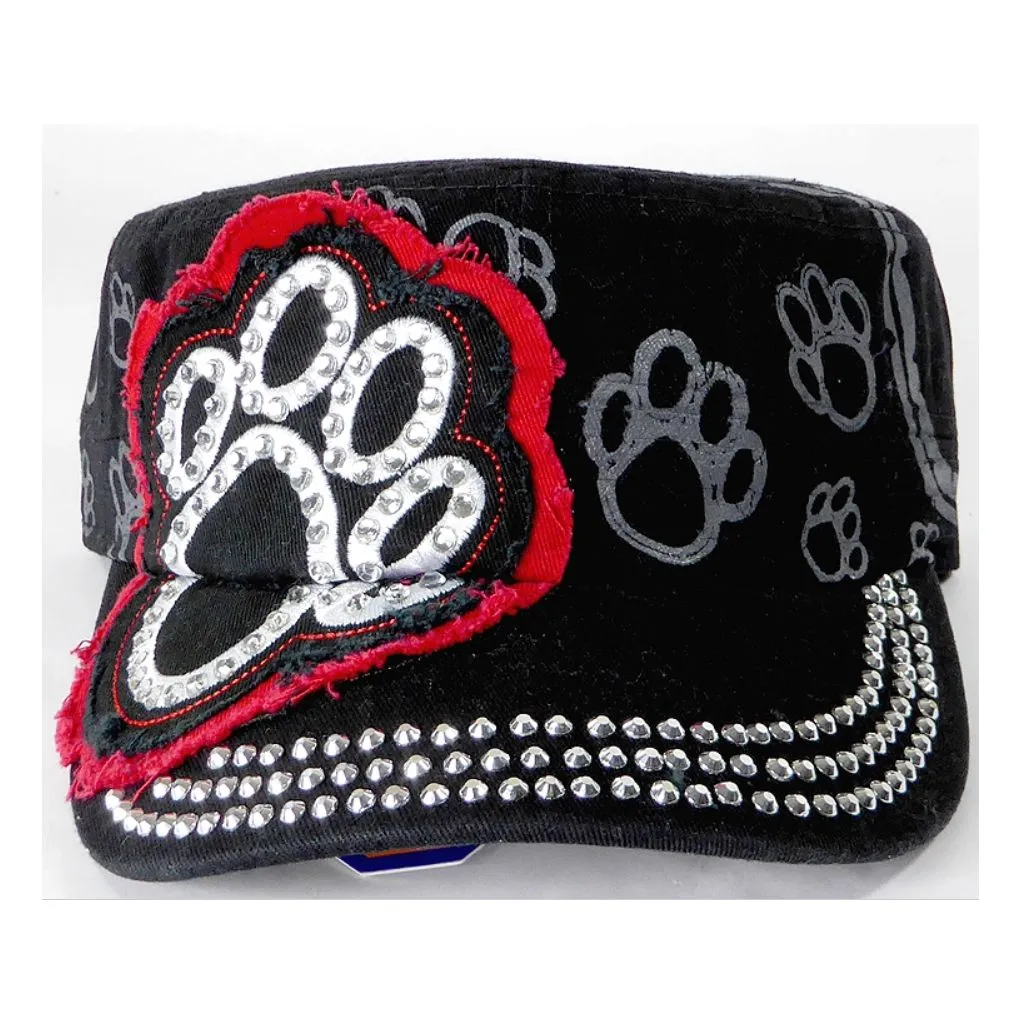 Rhinestone Cadet Hat Paw Print black/red Trim