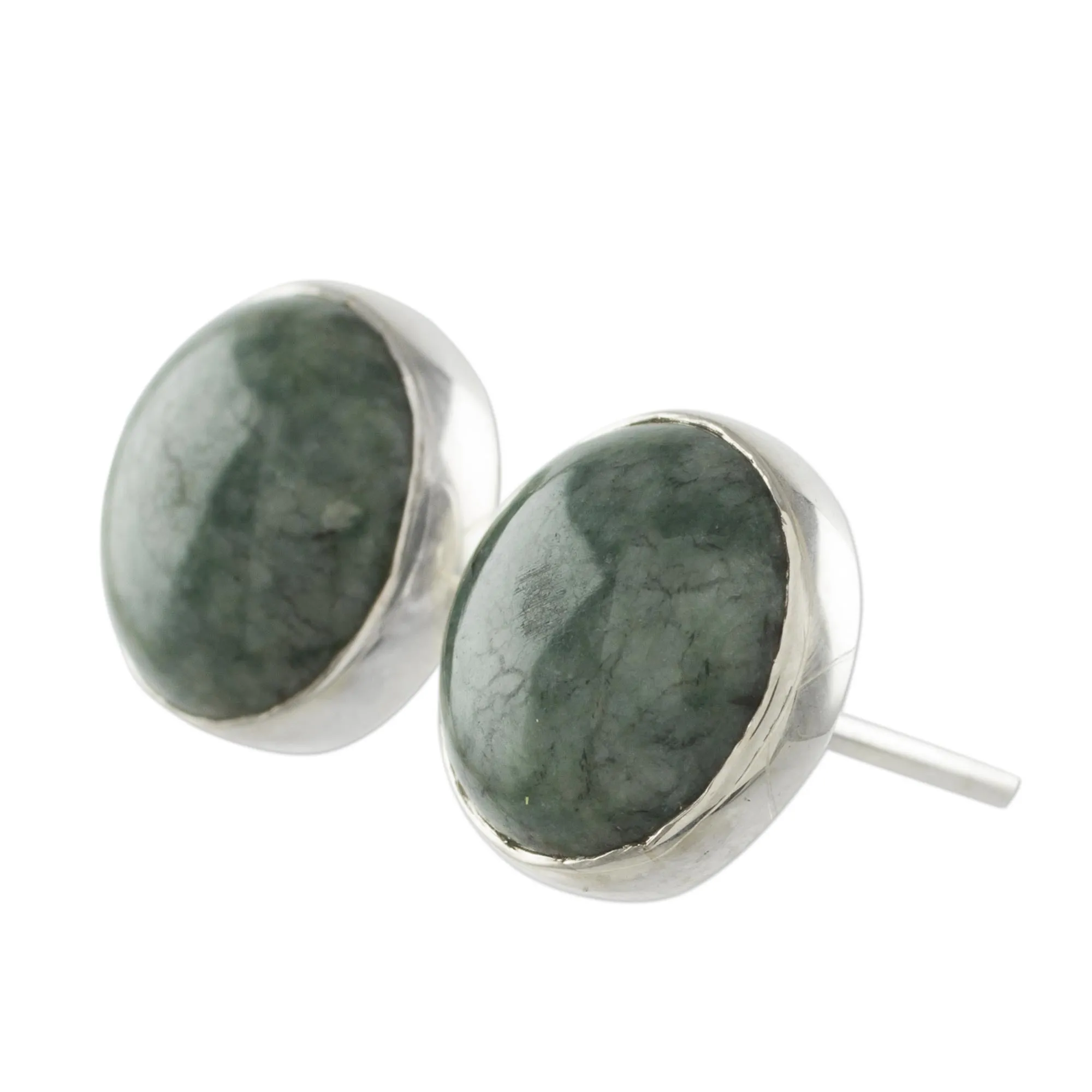 Round Jade Stud Earrings in Sterling Silver - Harmonious Peace | NOVICA