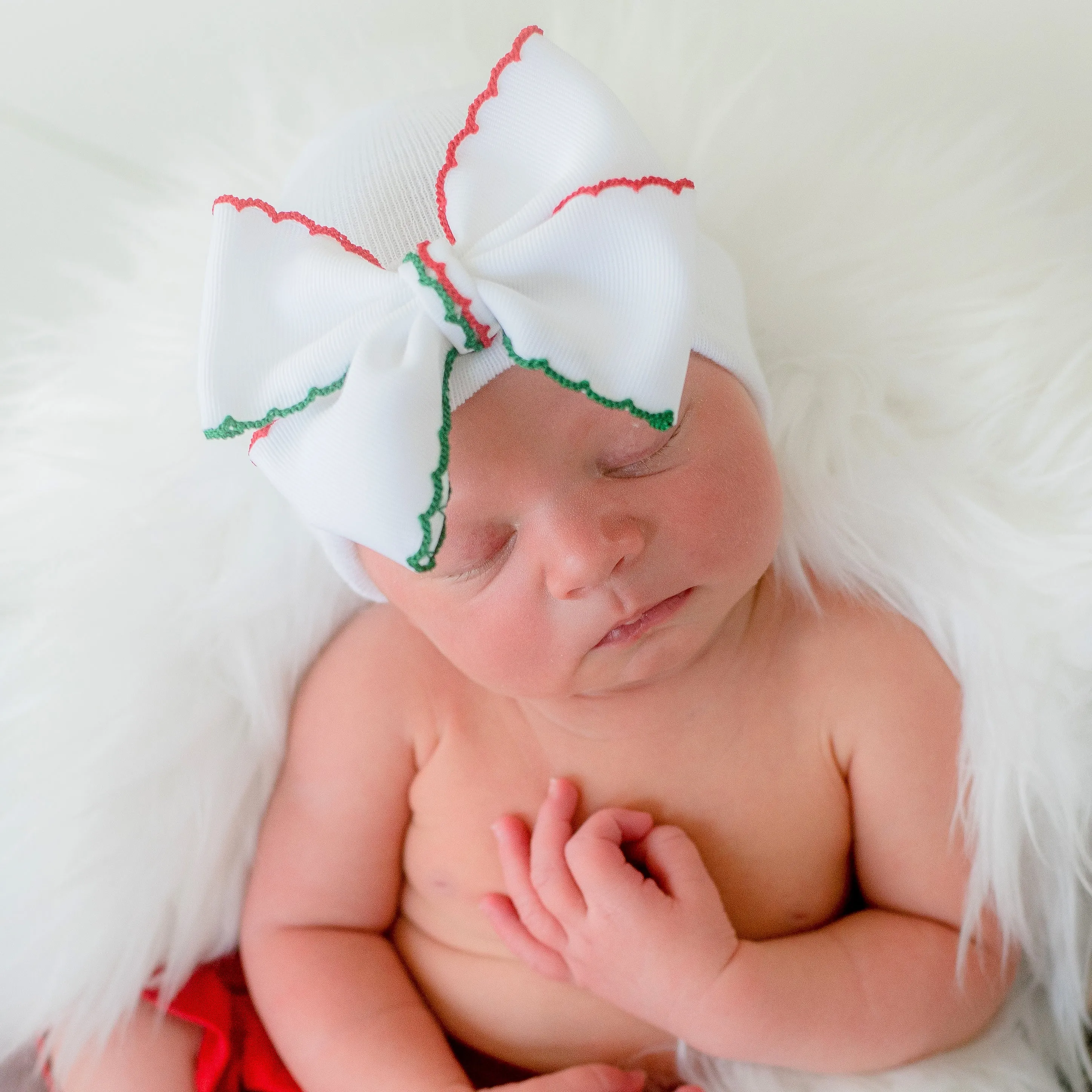 Scalloped Ribbon Bow Newborn Girls Hosptial Hat - Red and White