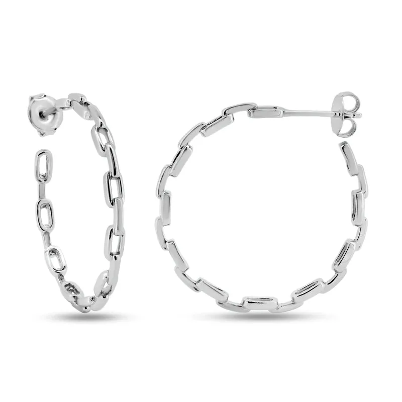 Silver 925 Rhodium Plated Link Design Semi Hoop Earrings