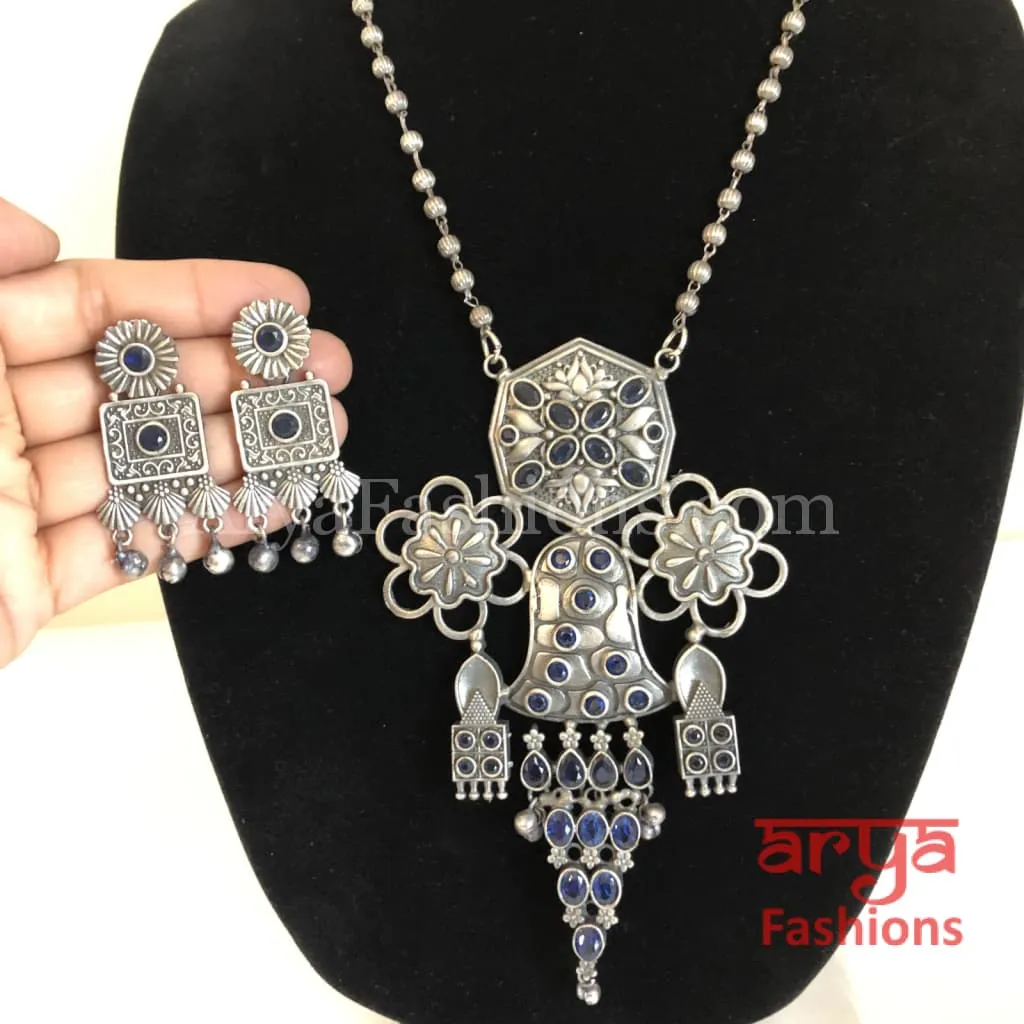 Siya Blue Oxidized Silver Long Statement Necklace