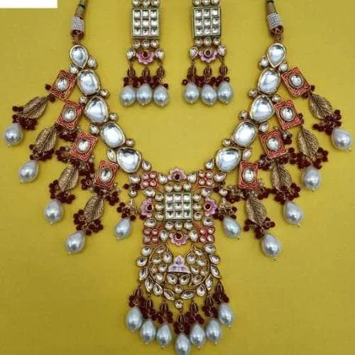 Square Meena Leaf Drop Necklace And Earring Set