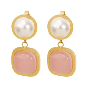 Square Pink Jade Pearl Earrings