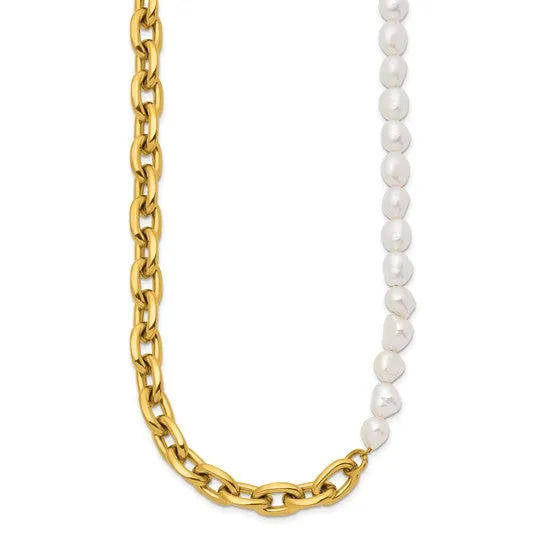 Stainless Steel Open Link and Half Baroque Pearl Necklace