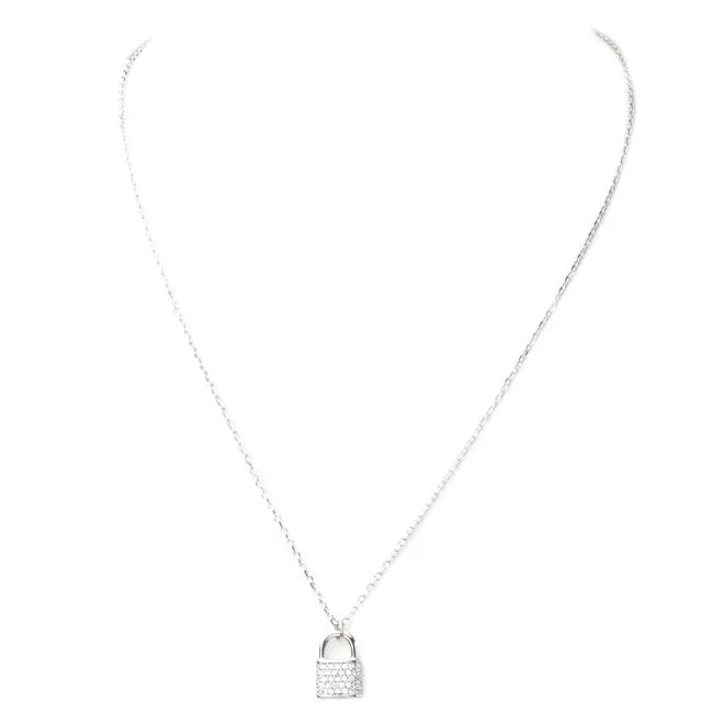 Sterling Silver Cubic Zirconia Pave Lock Necklace