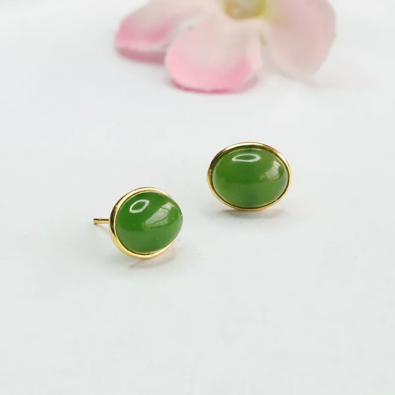 Sterling Silver Oval Hotan Jade Earrings with Jasper Insets