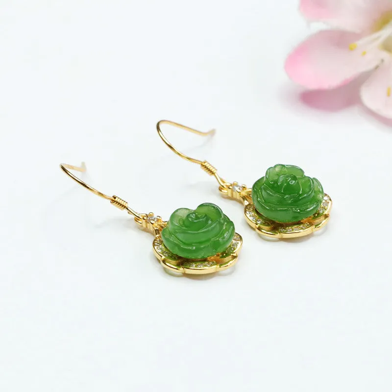 Sterling Silver Rose Earrings with Natural Hetian Jade Insets