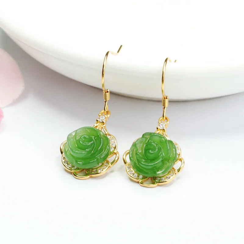 Sterling Silver Rose Earrings with Natural Hetian Jade Insets