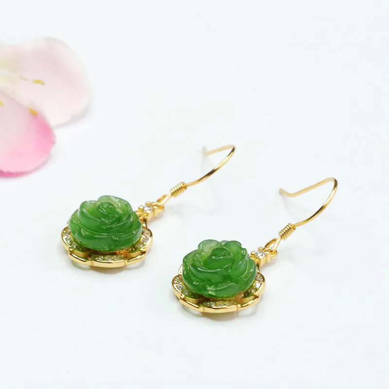 Sterling Silver Rose Earrings with Natural Hetian Jade Insets