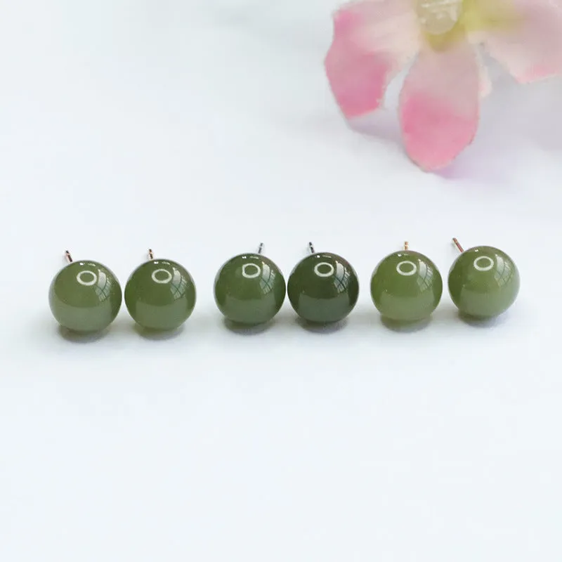 Sterling Silver Stud Earrings with Natural Hotan Jade Insets