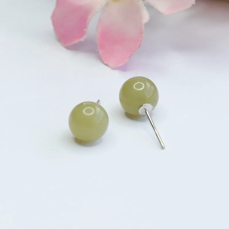 Sterling Silver Stud Earrings with Natural Hotan Jade Insets