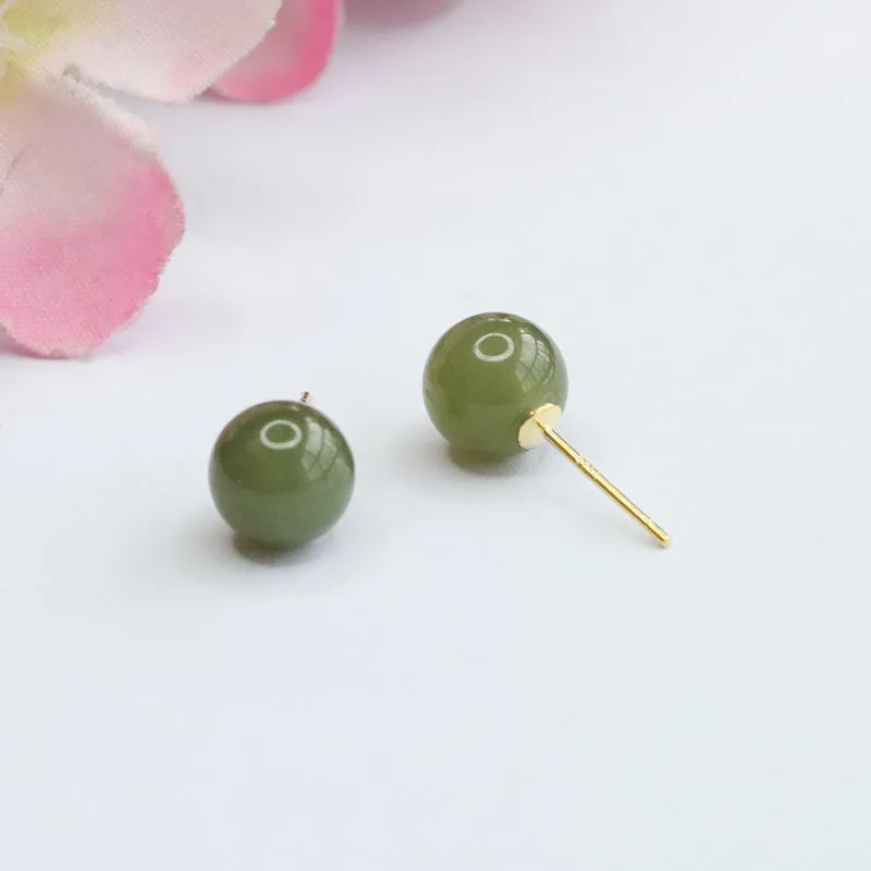 Sterling Silver Stud Earrings with Natural Hotan Jade Insets