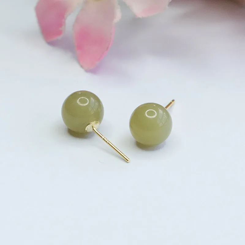 Sterling Silver Stud Earrings with Natural Hotan Jade Insets