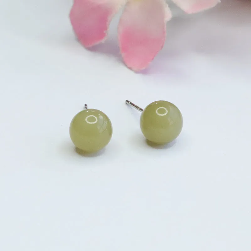 Sterling Silver Stud Earrings with Natural Hotan Jade Insets