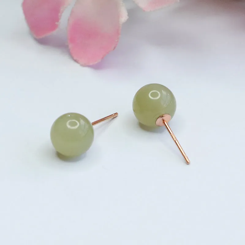 Sterling Silver Stud Earrings with Natural Hotan Jade Insets