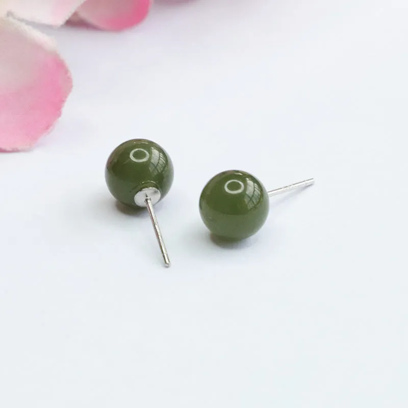 Sterling Silver Stud Earrings with Natural Hotan Jade Insets