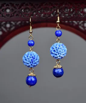 Style Royalblue Metal Jade Synthetic Flower Drop Earrings