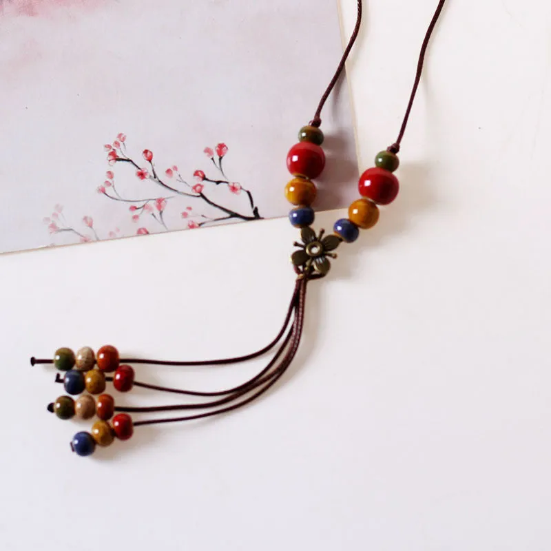 Sweet Ceramic Long Necklace Student Adult Pendant Personality Ancient Style Forest Sweater Chain