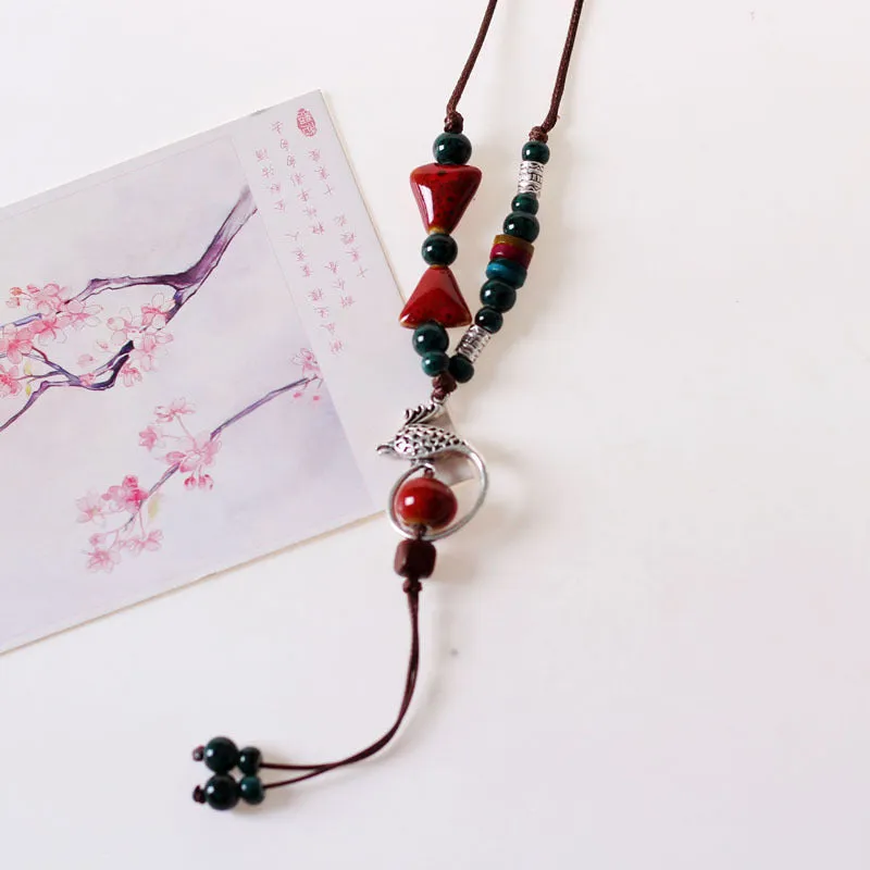 Sweet Ceramic Long Necklace Student Adult Pendant Personality Ancient Style Forest Sweater Chain