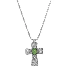 Symbols Of Faith Antiqued Hammered Metal Cross With Oval Gemstone Pendant Necklace 22"