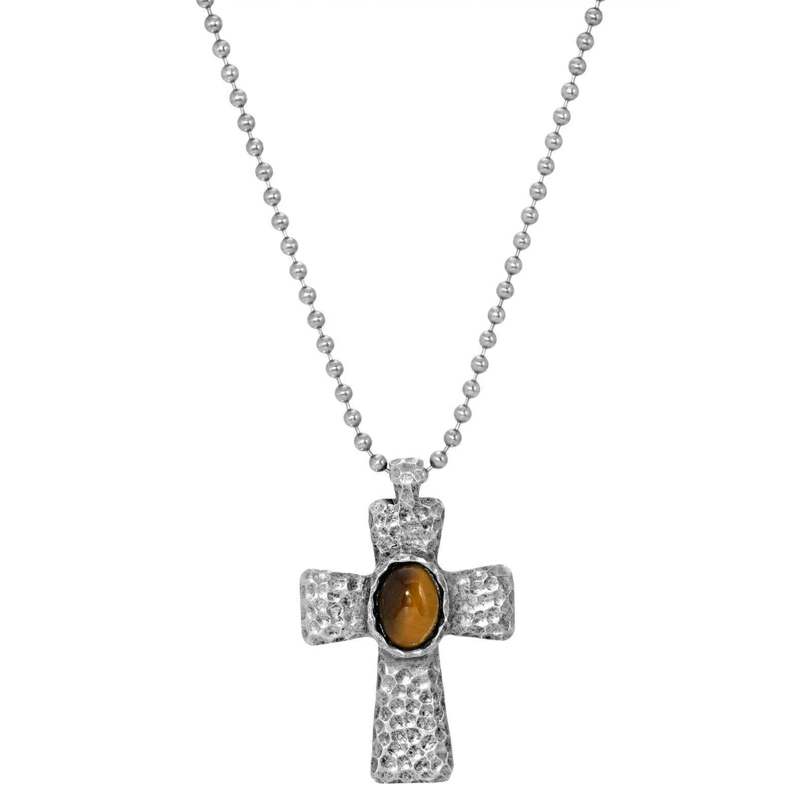 Symbols Of Faith Antiqued Hammered Metal Cross With Oval Gemstone Pendant Necklace 22"