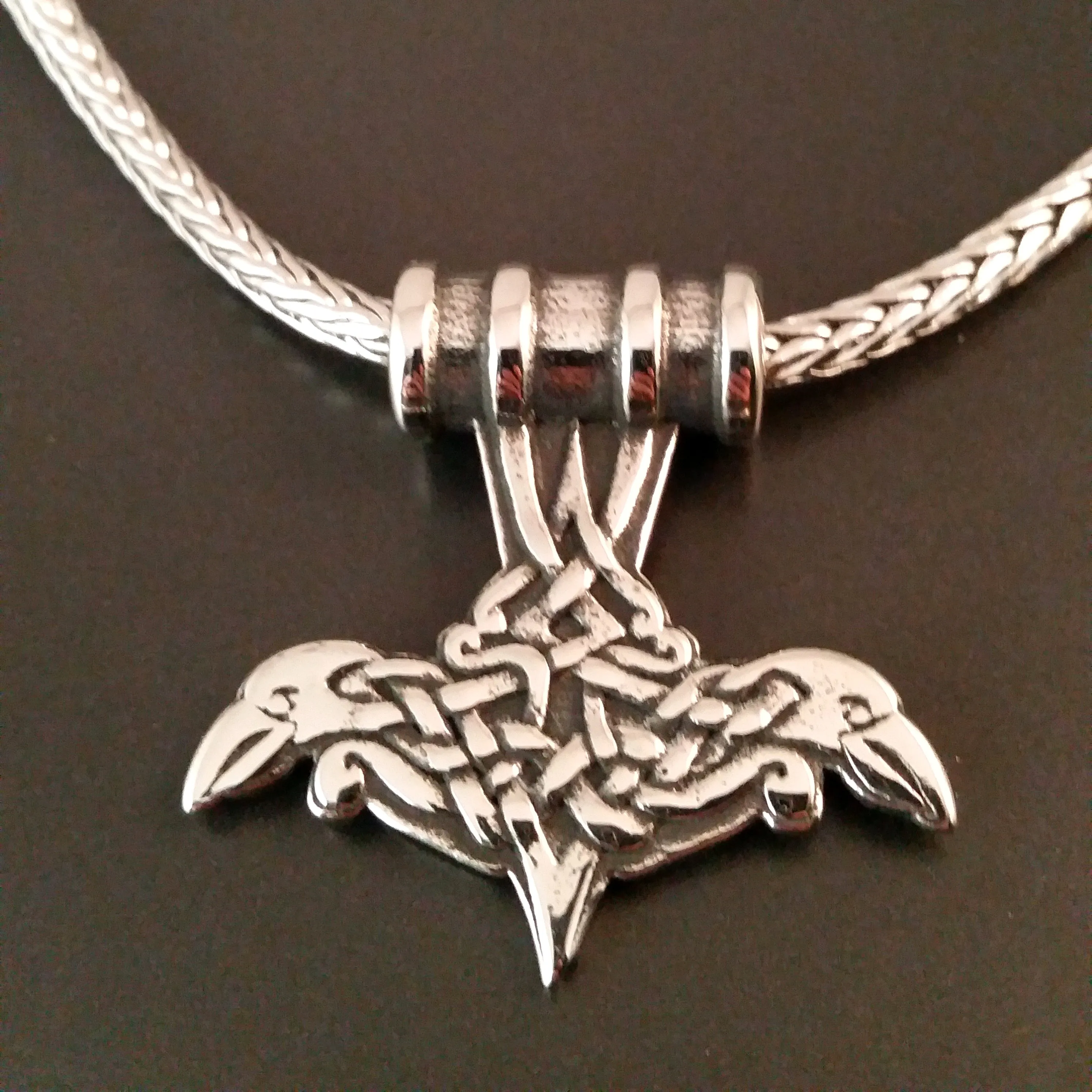 Thor's Hammer Necklace Silver Raven Norse Viking Style