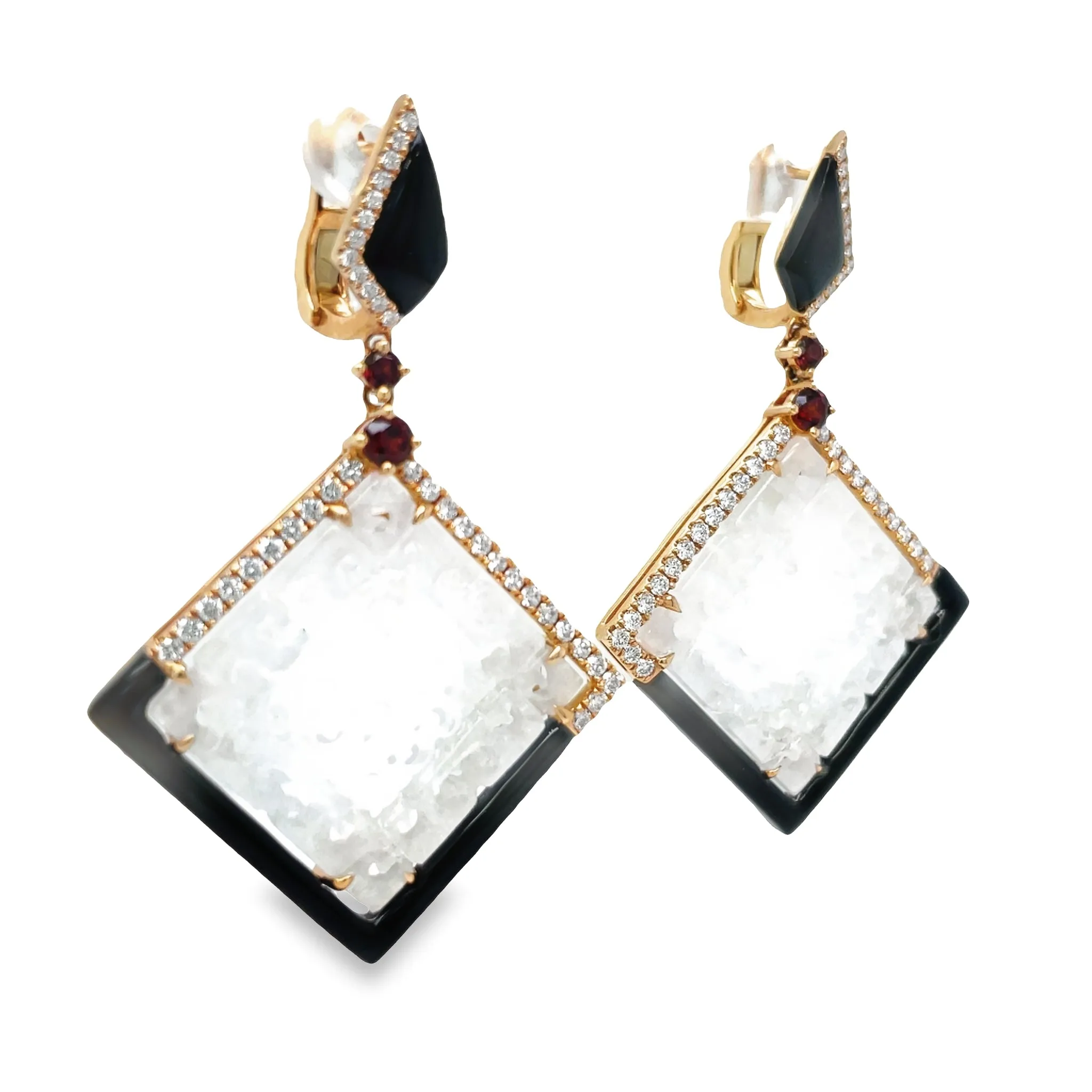 Unique Ice Jade, Diamond, Onyx & Garnet Drop Earrings