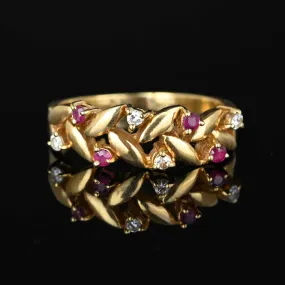 Vintage 14K Gold Petal Leaf Ruby Diamond Ring