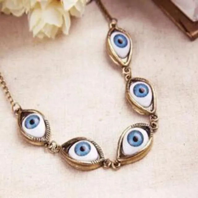 Vintage Bronze Turkish Devil Evil Eyes Necklace Pendant Punk BFF Statement Steampunk Choker For Women Witch Gothic Jewelry Gift