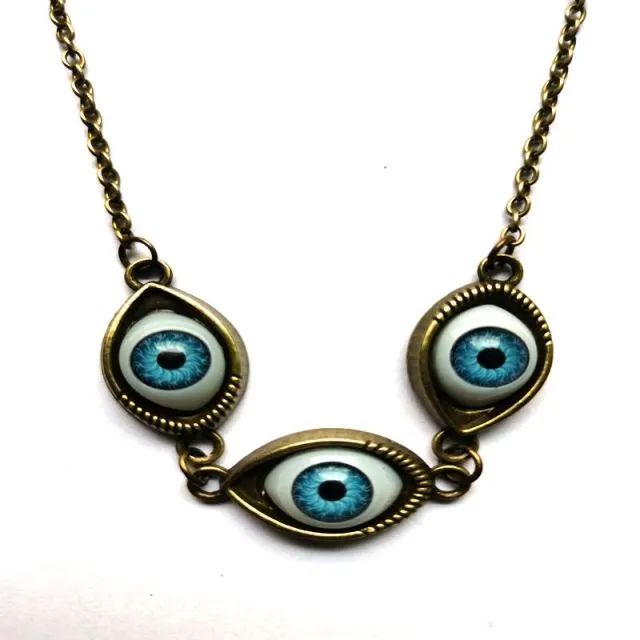 Vintage Bronze Turkish Devil Evil Eyes Necklace Pendant Punk BFF Statement Steampunk Choker For Women Witch Gothic Jewelry Gift