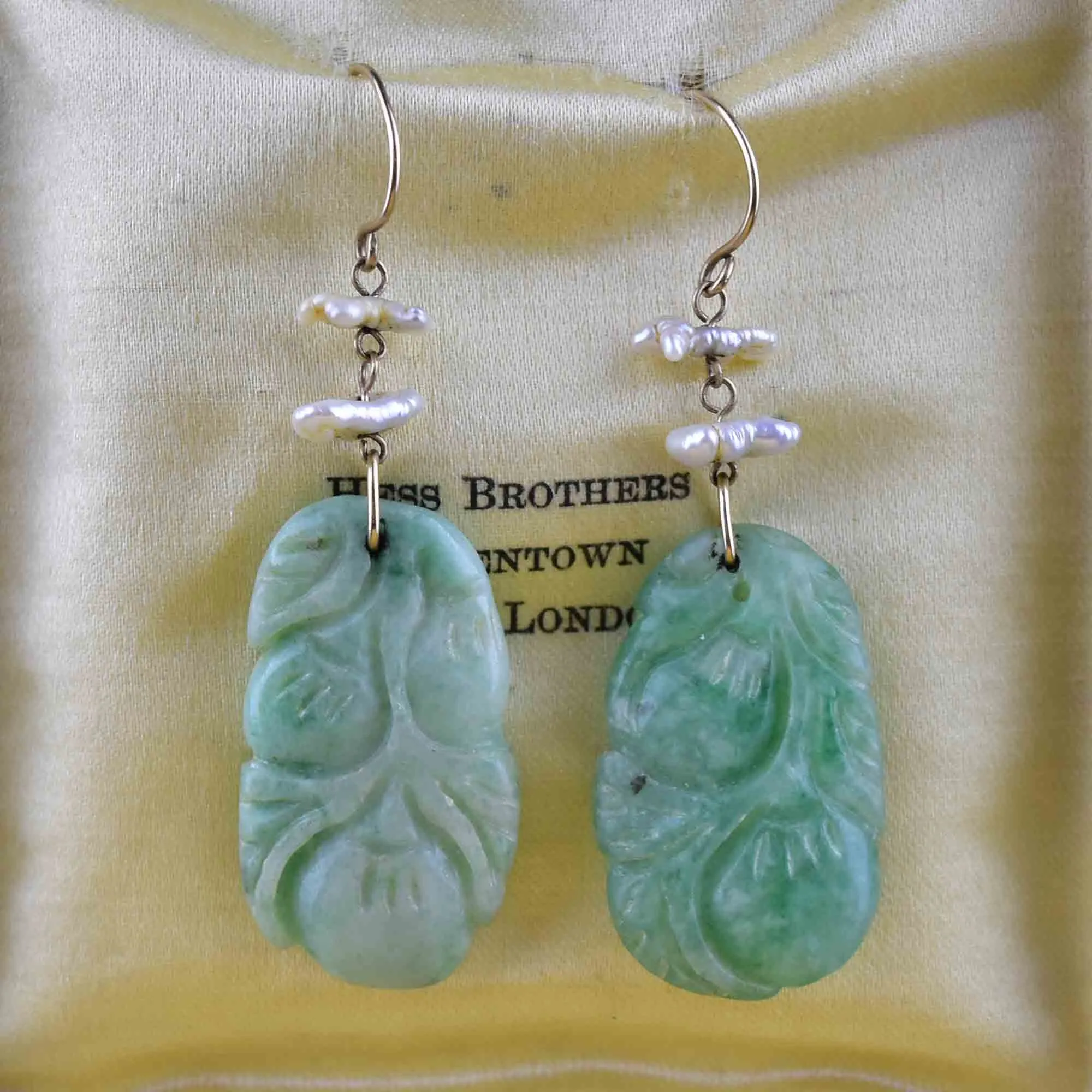 Vintage Carved Jade Baroque Pearl Drop Earrings