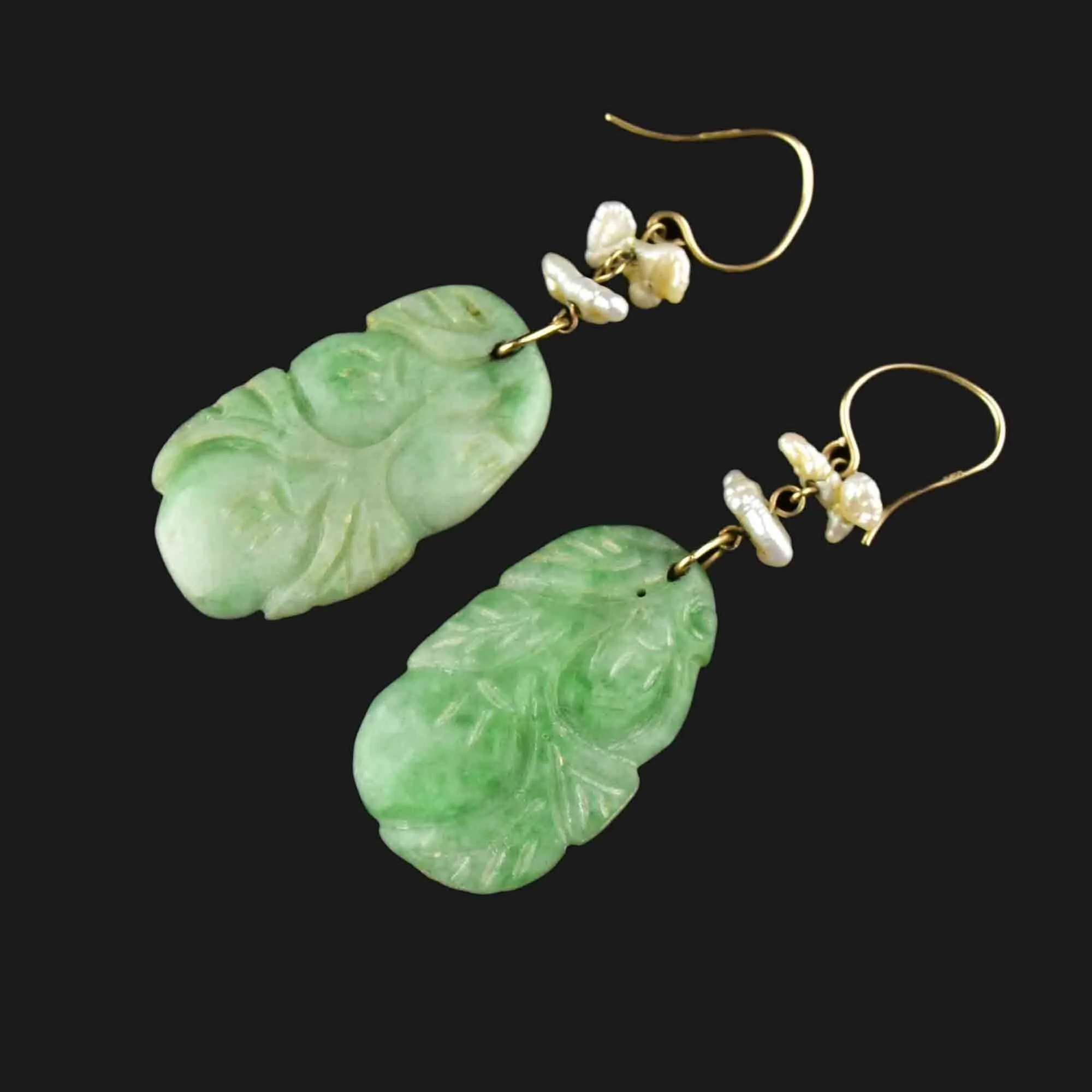 Vintage Carved Jade Baroque Pearl Drop Earrings